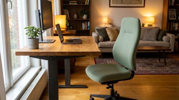 Ein höhenverstellbarer Schreibtisch mit Holzplatte und ein schöner, ergonomischer Bürostuhl in Salbeigrün im Wohnzimmer.