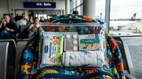 Eine kleine, transparente Ziptasche mit Notfall-Basics wie Pflastern und Feuchttüchern liegt griffbereit auf einem Kinderrucksack.