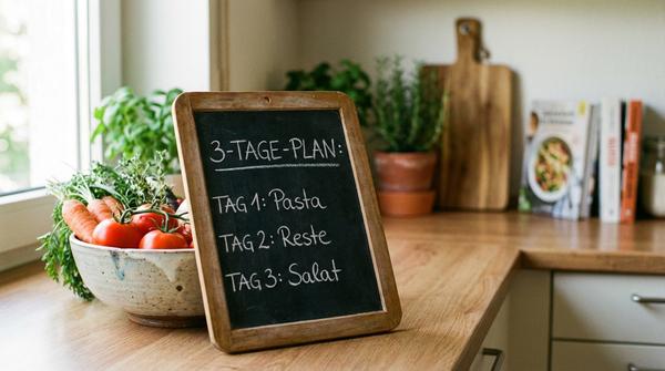 Ein handgeschriebener 3-Tage-Essensplan mit einfachen Gerichten auf einer Schiefertafel in der Küche.