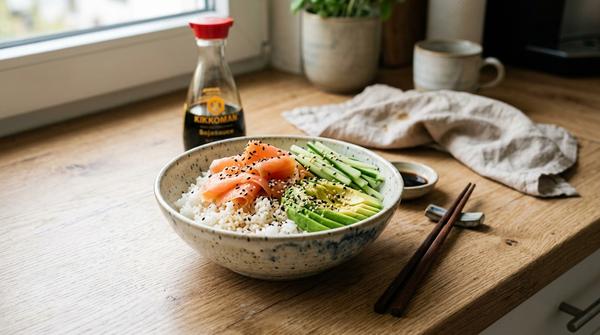 Eine Deconstructed Sushi-Bowl mit Räucherlachs, Avocado, Gurke und Sesam auf Sushi-Reis, unkompliziert zubereitet.