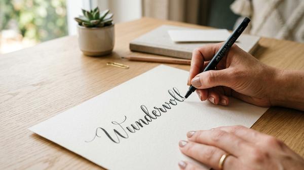 Faux Calligraphy Anleitung: Ein schwarzer Fineliner zeichnet doppelte Linien an den Abstrichen eines handgeschriebenen Wortes.