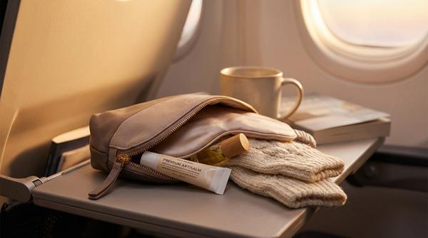 Ein geöffnetes Wohlfühl-Kit mit Schlafmaske, Lippenpflege und dicken Socken auf dem Flugzeugtisch.