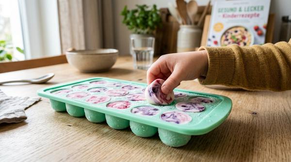 Eine bunte Silikonform mit gefrorenen Frozen Joghurt Bites, die eine coole rosafarbene und lila Marmor-Optik durch leicht zerdrückte Beeren aufweisen; keine ganzen Beeren sind sichtbar.