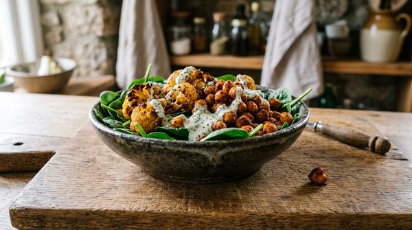 Eine gesunde Bowl mit geröstetem Blumenkohl, knusprigen Kichererbsen auf Spinat mit Joghurt-Dressing.