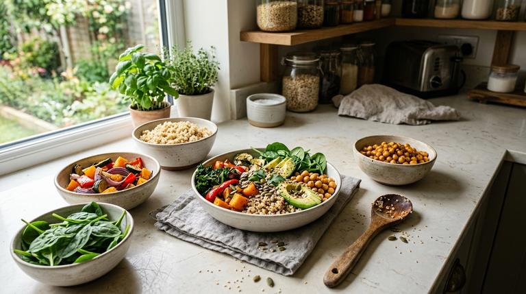 Eine Übersicht über verschiedene gesunde Baukasten-Bowls und Zutaten auf einer ästhetischen, genutzten Küchenarbeitsplatte.