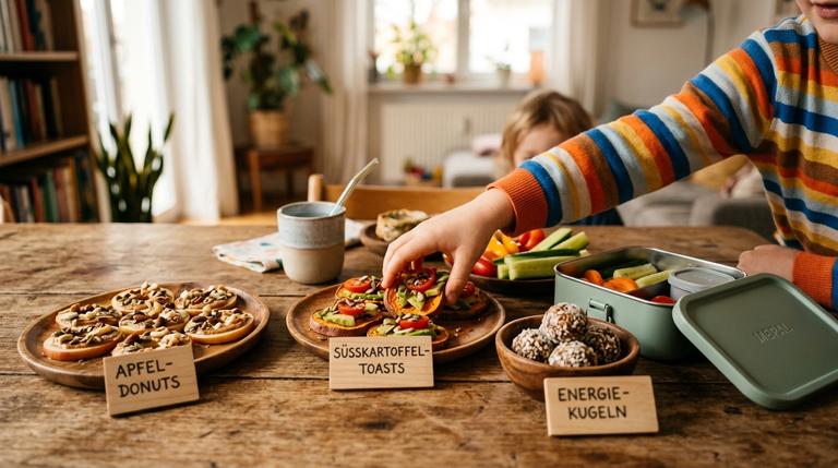Übersicht über 10 verschiedene gesunde Snack-Ideen für Kinder auf einem rustikalen Holztisch.