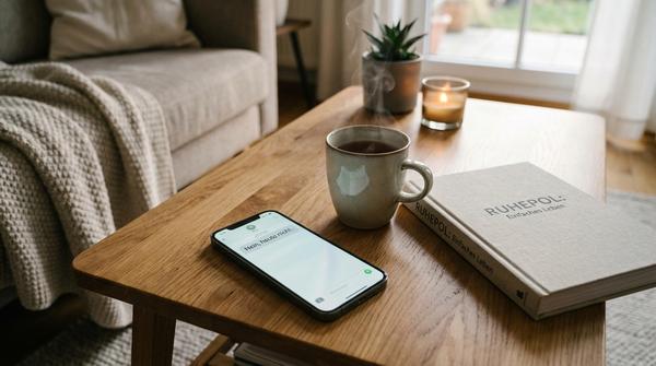 Ein leuchtendes Smartphone liegt neben einer Tasse Tee und einem Buch auf einem Tisch.