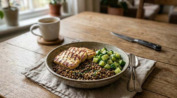 Eine herzhafte grüne Power-Bowl mit braunen Linsen, gebratenem Halloumi-Käse und Gurke auf einem Esstisch.