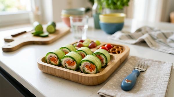Bunte Gurken-Sushi-Rollen mit Frischkäse und Putenbrust in einer Bento-Lunchbox für Kinder.