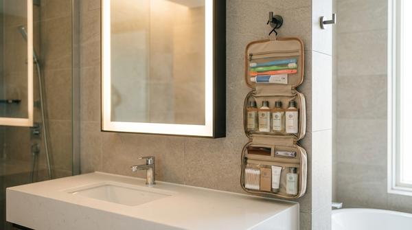 Ein offener, grauer hängender Kulturbeutel, vollgepackt mit Toilettenartikeln, hängt an einer Badezimmertür im Urlaub.