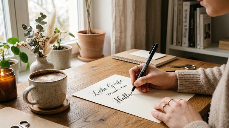 Eine Person übt entspannt Handlettering mit einem schwarzen Pinselstift auf glattem Papier an einem gemütlichen Schreibtisch.