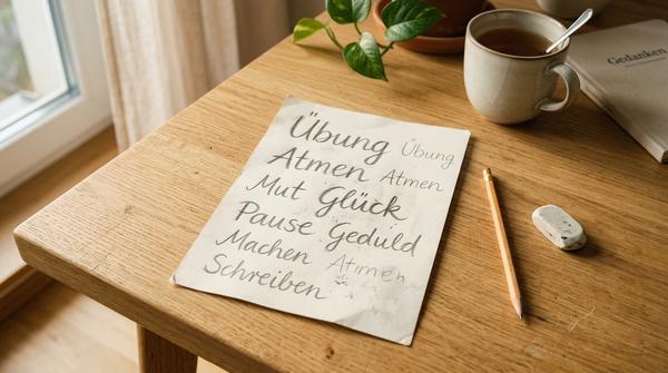 Nahaufnahme von unperfekten Handlettering-Übungen auf einem Blatt Papier, daneben liegen ein Bleistift und ein Radiergummi.