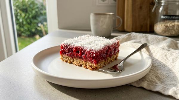 Eine Himbeer-Kokos-Schnitte mit Haferflockenboden und Kokosstreuseln auf einem weißen Teller, fruchtige rote Füllung