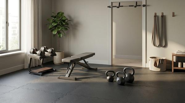 Homegym mit Gummimatten, geordnetem Equipment und ruhiger Trainingsatmosphäre.
