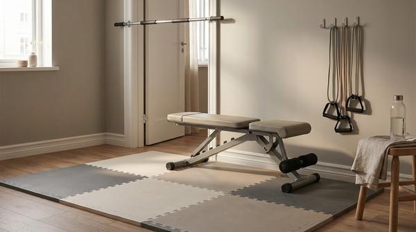 Klappbare Trainingsbank auf Matte und Klimmzugstange im Türrahmen mit ordentlich verstauten Bändern.