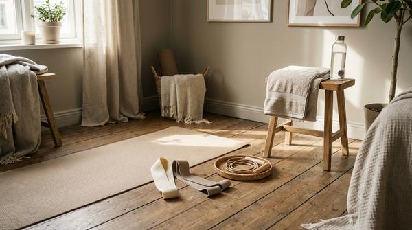 Minimaler Trainingsbereich mit Matte, Widerstandsbändern und Springseil in einem Wohnzimmer.