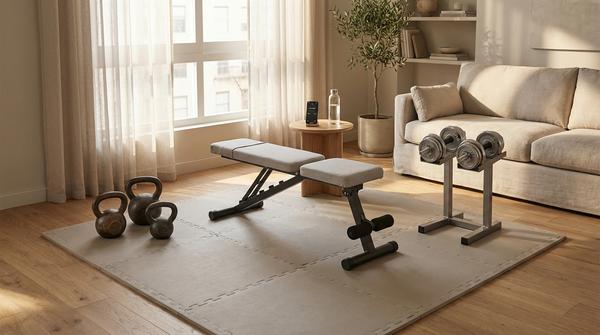 Verstellbare Kurzhanteln und Trainingsbank in einer aufgeräumten Homegym-Ecke.
