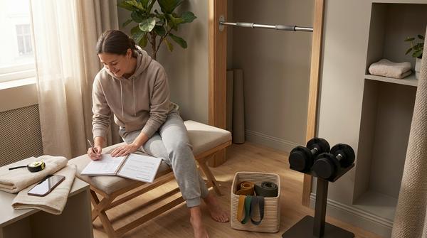 Person füllt einen Workout-Planer im Homegym aus, daneben Widerstandsbänder, verstellbare Kurzhanteln und eine Klimmzugstange im Türrahmen.