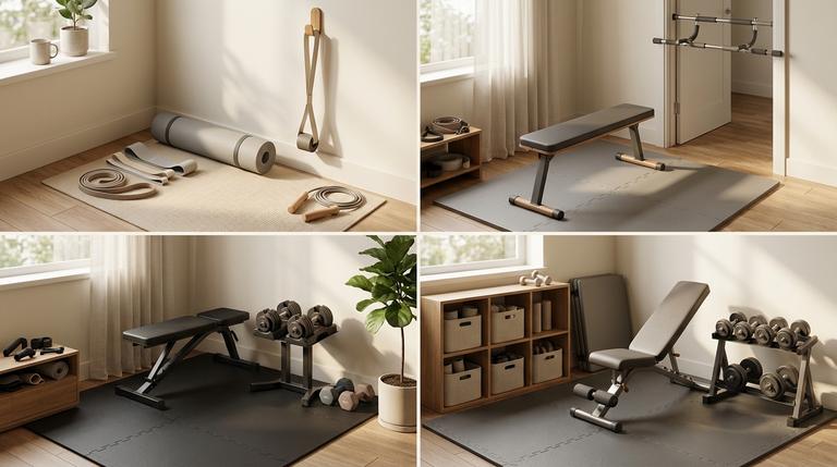 4-teilige Collage mit Homegym-Setups in verschiedenen Budgetstufen: vom Starter-Setup bis zum stabilen Krafttraining zuhause.