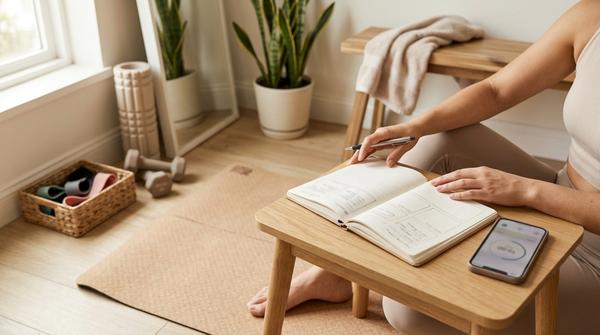 Person sitzt im Homegym-Bereich und erstellt einen Homegym-Plan im Notizbuch, daneben Timer am Handy und Widerstandsbänder im Korb.