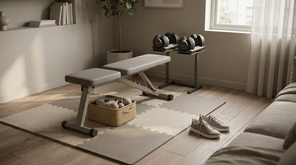 Aufgeräumte Homegym-Ecke mit Bodenschutzmatten und verstautem Zubehör in einer Wohnung.