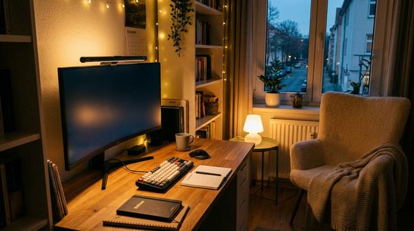 Gemütliches Homeoffice am Abend mit weichem Hintergrundlicht und einer modernen Monitorlampe auf dem Bildschirm.