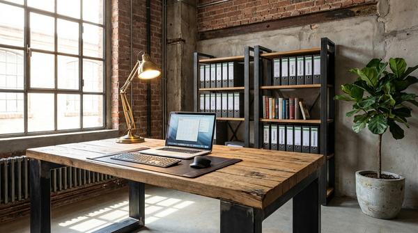 Ästhetischer Industrial-Homeoffice-Arbeitsplatz mit Massivholz-Schreibtisch, Laptop, Tastatur, Maus und einer Vintage-Architektenlampe vor Sichtziegeln.