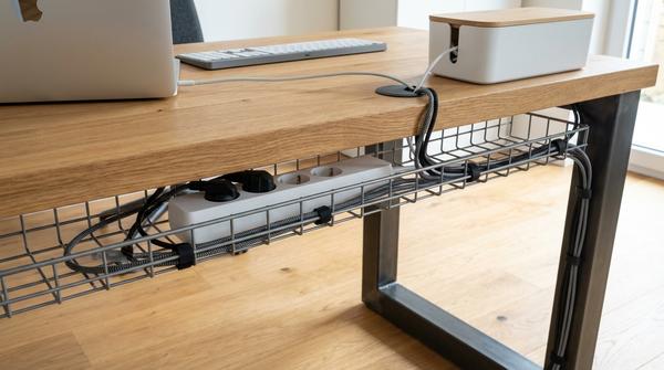 Blick unter einen Holzschreibtisch mit einem montierten Metall-Kabelkanal, in dem eine Steckdosenleiste und ordentlich gebündelte Kabel liegen, die nach oben zu Geräten verlaufen; eine kleine Kabelbox steht auf dem Tisch.