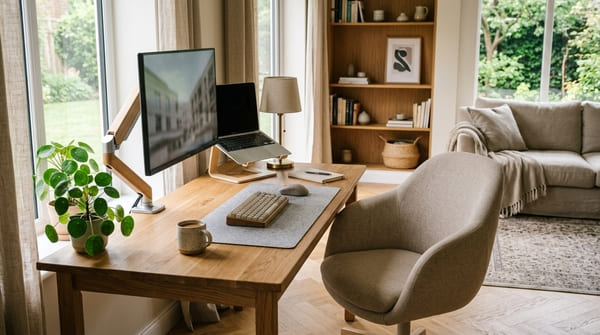 Wohnlicher Homeoffice-Arbeitsplatz mit Holzschreibtisch, hellem Bürostuhl, Laptopständer und externer Tastatur