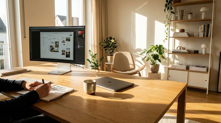 Ästhetisches und aufgeräumtes Homeoffice mit modernem Schreibtisch, Zimmerpflanzen und schöner Deko im Sonnenlicht