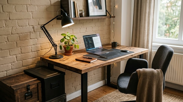Industrial Homeoffice mit Holztisch, schwarzen Metallbeinen, Architektenlampe und Pflanze