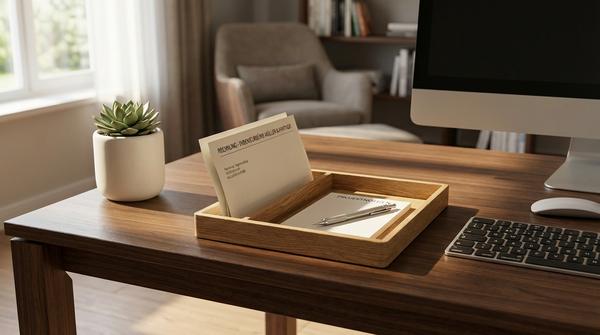 Ästhetischer Schreibtisch im Homeoffice mit einem aufgeräumten Holztablett, das ausschließlich arbeitsrelevante Dokumente wie Rechnungen und Projektnotizen enthält; der restliche Schreibtisch ist ordentlich.