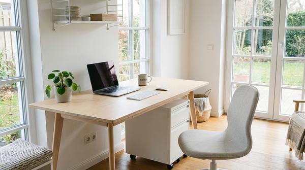 Helles Homeoffice im Skandi-Stil mit einem Schreibtisch aus hellem Holz, einem Laptop, Kaffeetasse und einem weißen Rollcontainer.