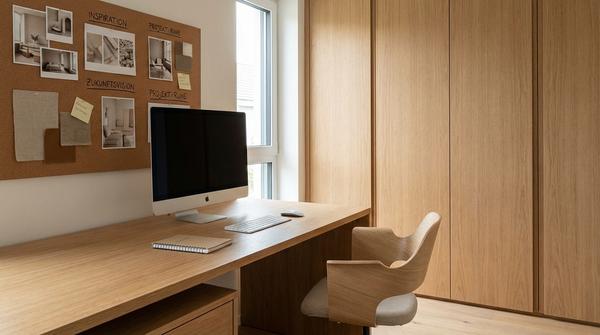 Aufgeräumter Arbeitsplatz mit einem Moodboard an der Wand, geschlossenem Stauraum und einem stilvollen ergonomischen Bürostuhl