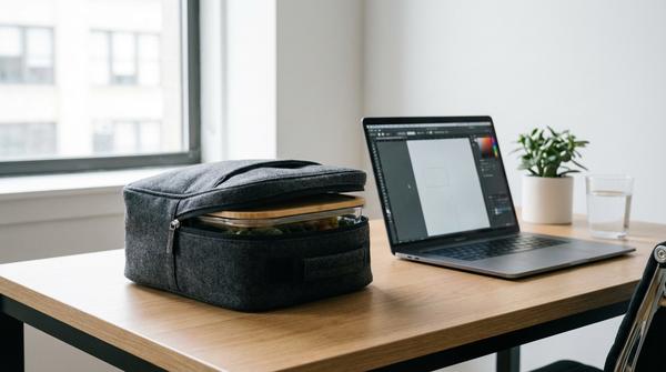 Eine moderne isolierte Lunchtasche auf einem Schreibtisch im Büro für ein frisches Mittagessen.