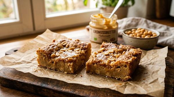 Zwei weiche, helle Kichererbsen-Erdnuss-Blondies auf Backpapier, daneben ein Glas Erdnussmus.