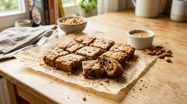 Saftige Kichererbsen-Blondies mit Mandelmus auf Backpapier neben Mandeln