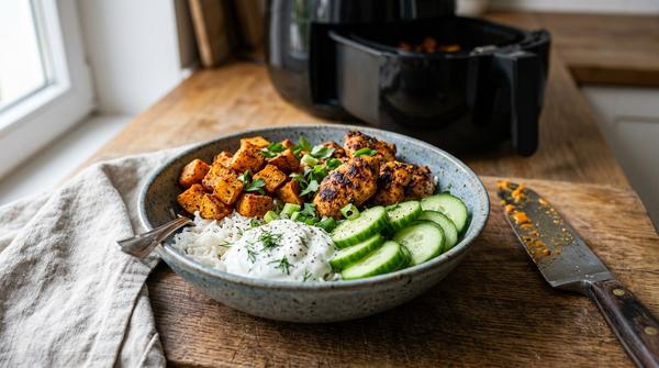 Eine knusprige Süßkartoffel-Hähnchen-Bowl aus der Heißluftfritteuse (Airfryer) mit Reis und Gurke.