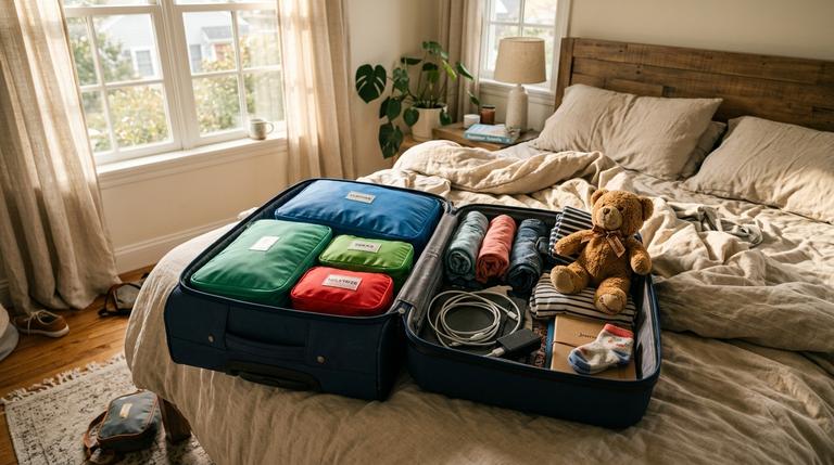 Ein offener Familienkoffer auf einem Bett, halb organisiert mit bunten Packwürfeln, halb chaotisch mit Kleidung und Spielzeug.