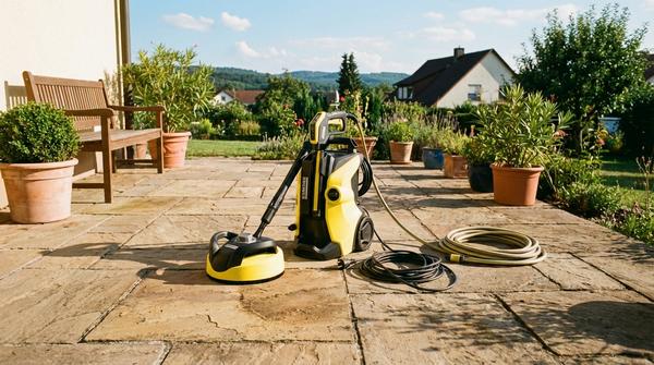 Kompakter Hochdruckreiniger mit Flächenreiniger-Aufsatz auf einer gepflasterten Terrasse.