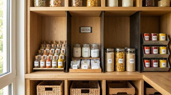 Ein geordnetes Vorratsregal mit klaren Zonen und beschrifteten Vorratsgläsern (Gewürze, Backzutaten, Getreide), um doppelte Einkäufe zu vermeiden.