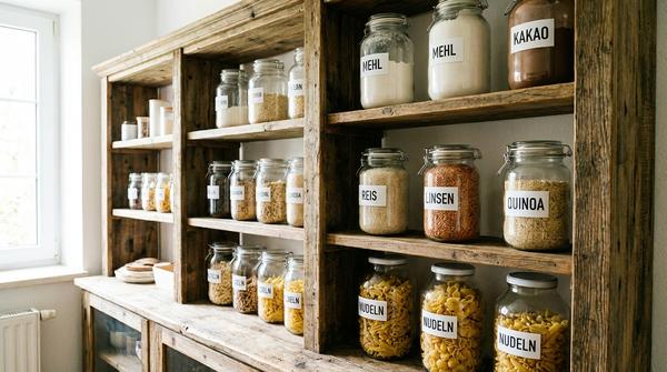 Ein übersichtliches Küchenregal mit mehreren Ebenen, aufgeteilt in Kategorien wie Backen, Getreide und Pasta, mit individuell beschrifteten Vorratsgläsern wie Mehl, Quinoa und Reis.