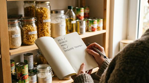 Eine Person steht mit einer handgeschriebenen, deutschen Checkliste vor einer organisierten Vorratskammer und hakt Lebensmittel wie Reis und Nudeln ab.