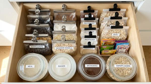Eine geöffnete Küchenschublade aus der Vogelperspektive, gefüllt mit aufrecht stehenden niedrigen Vorratsgläsern und ordentlich dahinter eingereihten, mit Clips verschlossenen Tüten für Back- und Frühstückszutaten.