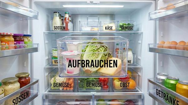 Ein aufgeräumter Kühlschrank mit klaren Kunststoffboxen und deutschen Beschriftungen wie "Aufbrauchen" für bessere Sichtbarkeit.