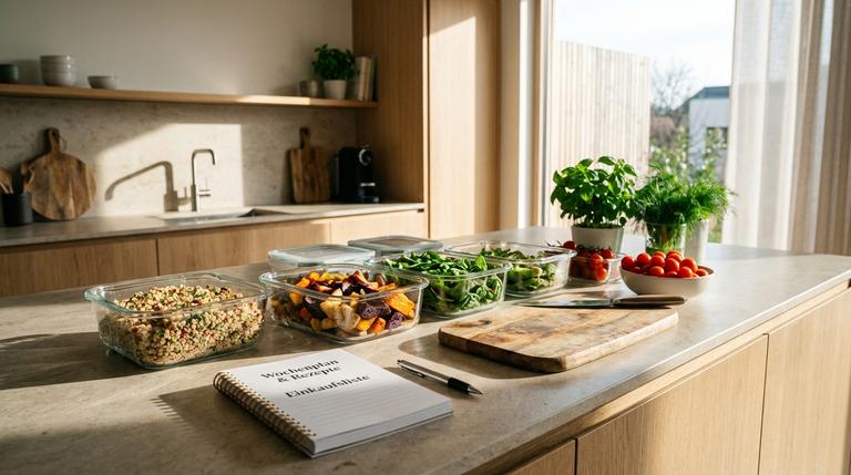 Eine helle Küche mit vorbereiteten Meal-Prep-Boxen aus Glas und frischem Gemüse auf der Arbeitsplatte.
