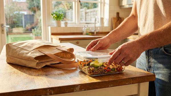 Hände schließen eine auslaufsichere Glas-Frischhaltedose mit gesundem Mittagessen, bevor sie in eine Arbeitstasche gepackt wird.