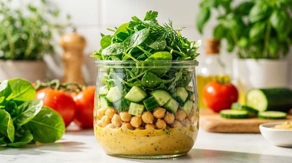 Ein perfekt geschichteter Salat in einer Glasbox, damit die Zutaten nicht matschig werden.