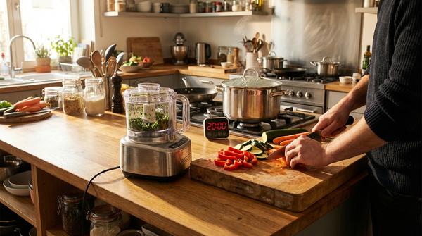 Effizientes Multitasking beim Meal Prep: Hände hacken Gemüse auf einer Kücheninsel, während im Hintergrund Reis kocht und ein Timer 20:00 Minuten anzeigt.