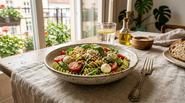 Eine leichte mediterrane Nudel-Bowl mit Pesto, Mozzarella, Cherrytomaten und Rucola auf einem Esstisch.